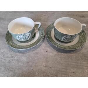 The Old Curiosity Shop Tea Cups (2) & Saucers (3) Vtg 1950s No Chips
